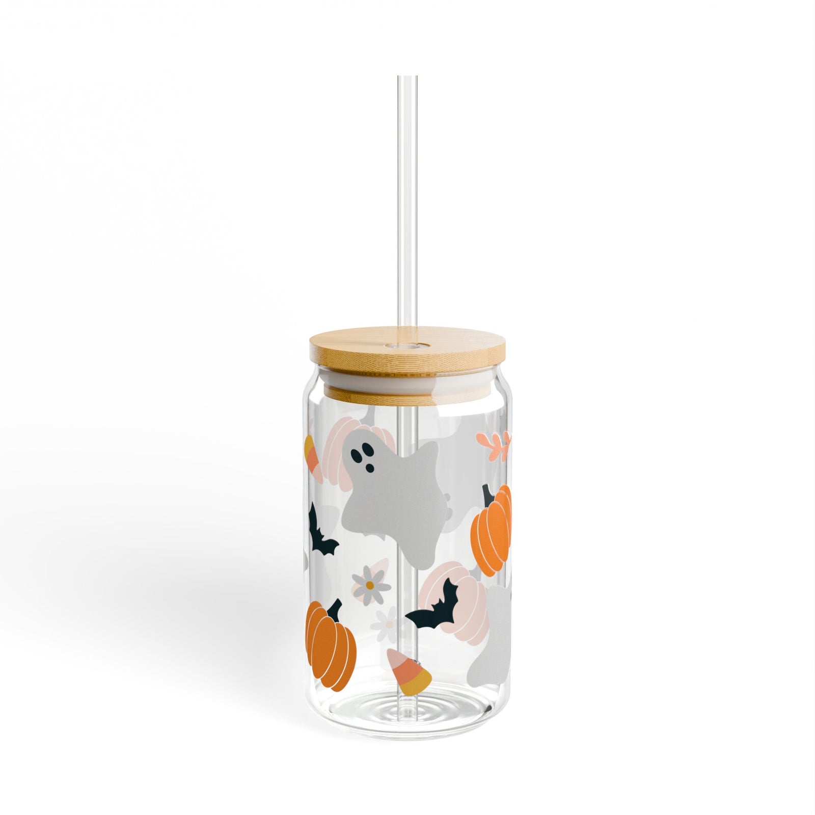Halloween Classic Ghost & Pumpkin Sipper Glass 16oz Reusable Drink Jar with Lid & Straw