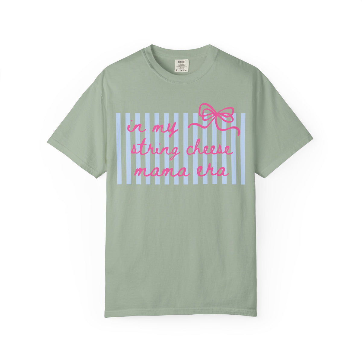 In My String Cheese Mama Era T-Shirt Cute Pink Bow & Blue Stripe Graphic Tee
