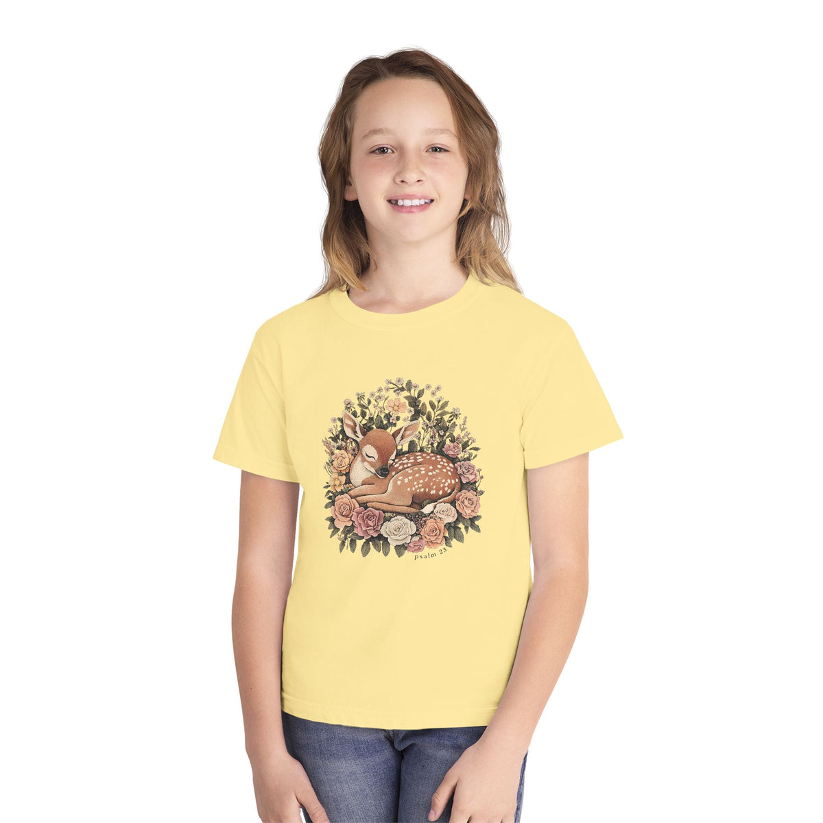 Sleeping Fawn Floral T-Shirt Psalm 23 Inspirational Kids Christian Tee