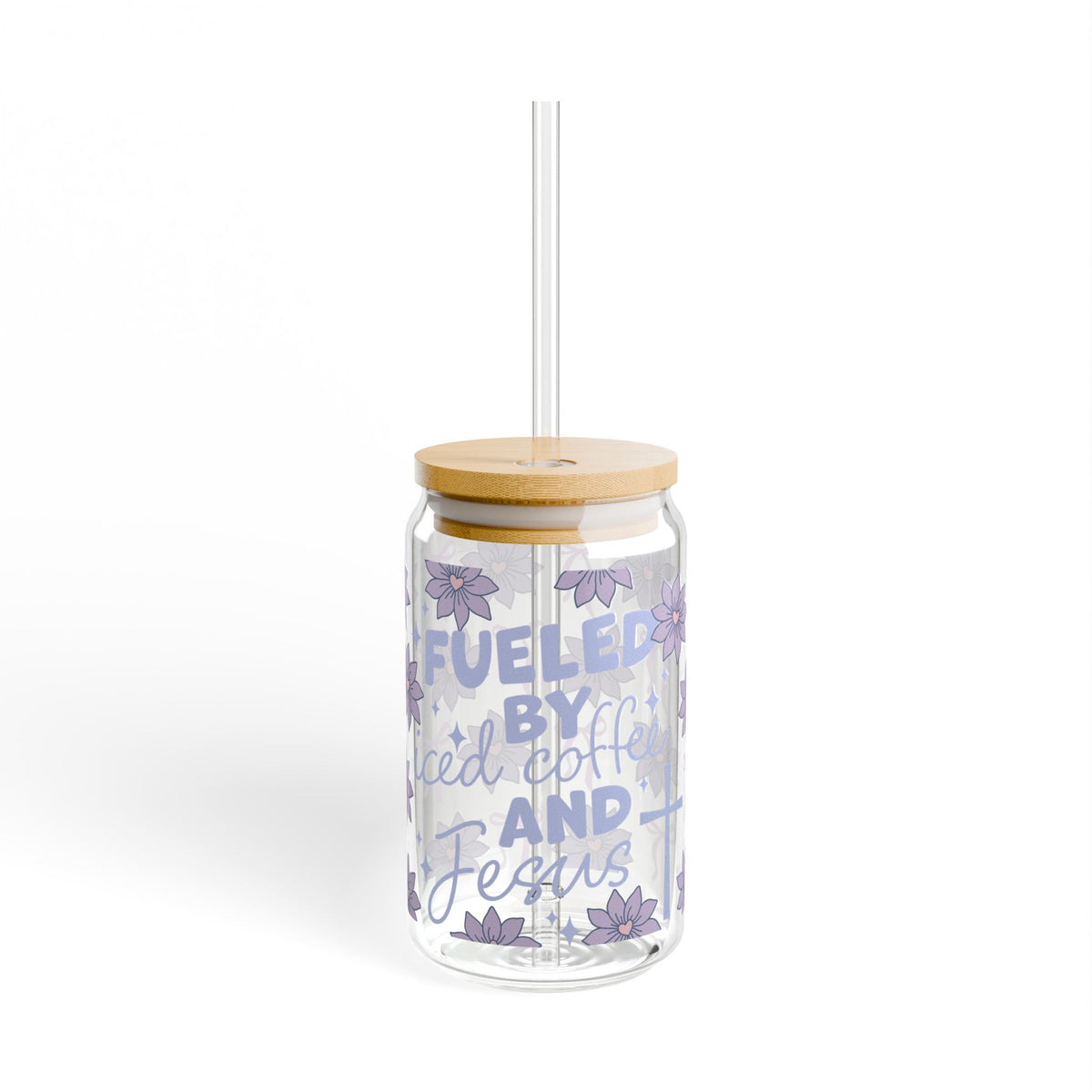 Fueled by Iced Coffee and Jesus Tumbler Sipper Glass 16oz — Reusable Drink Jar with Lid & Straw