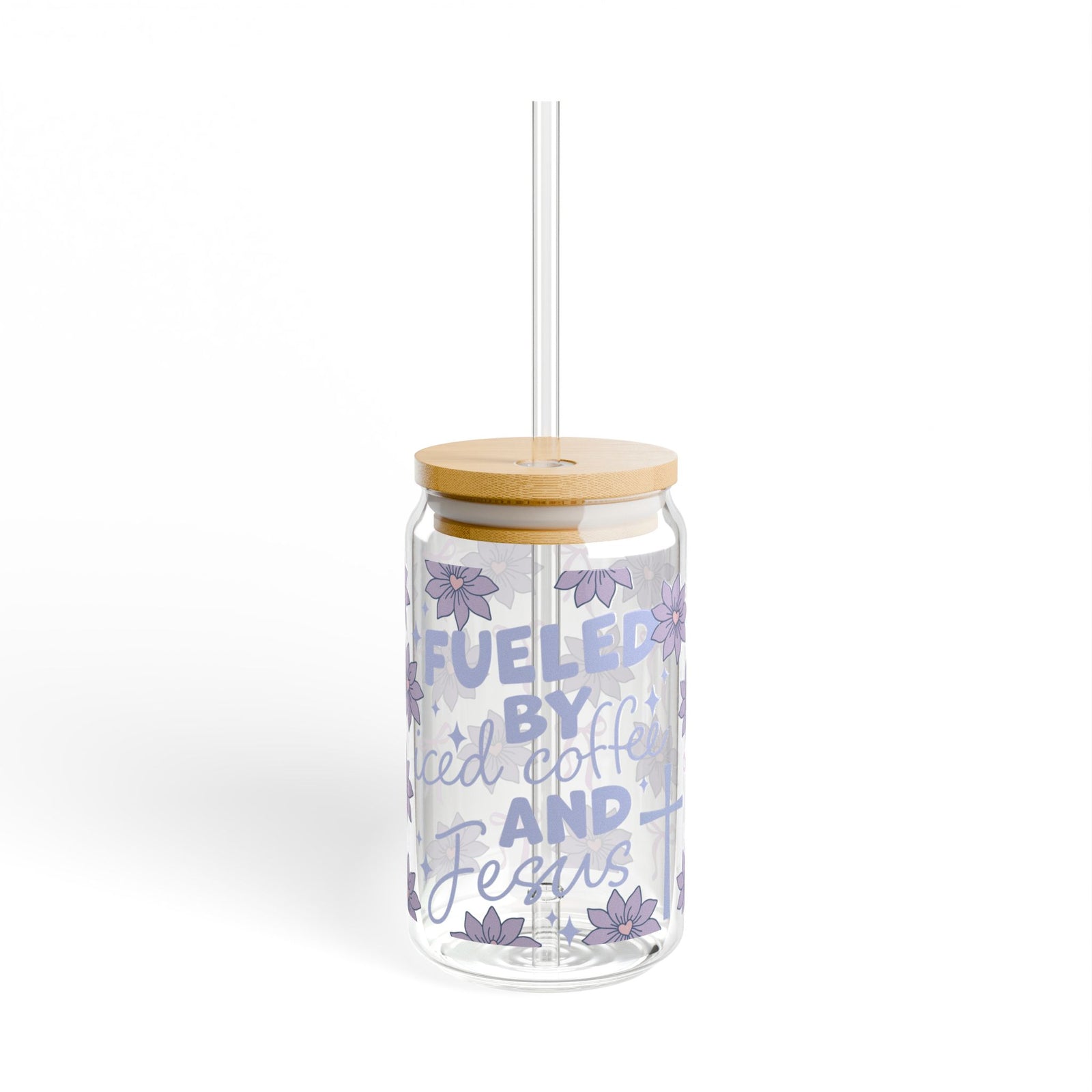 Fueled by Iced Coffee and Jesus Tumbler Sipper Glass 16oz — Reusable Drink Jar with Lid & Straw