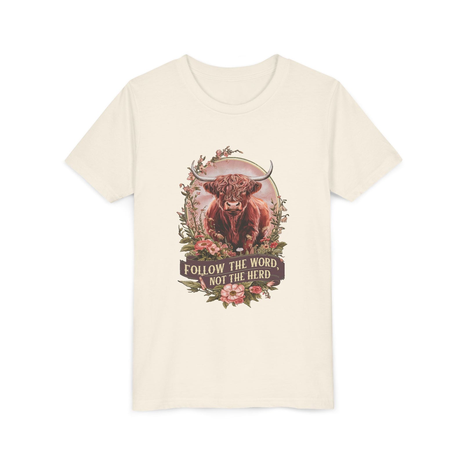 Follow the Word Not the Herd Kids T-Shirt Highland Cow Christian Graphic Tee