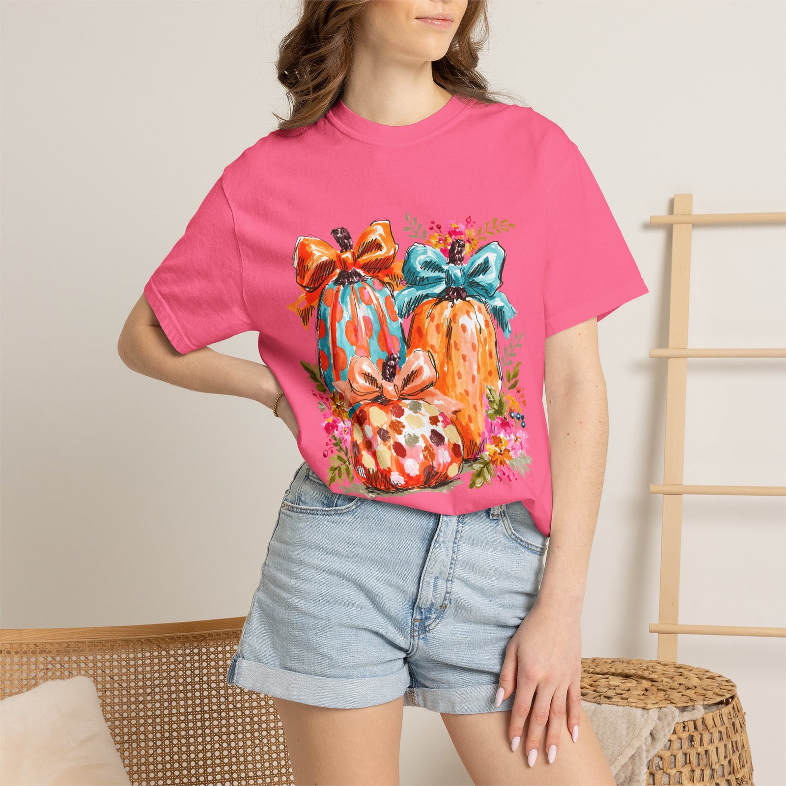 Floral Preppy Coquette Fall Pumpkin T-Shirt Cute Watercolor Graphic Tee