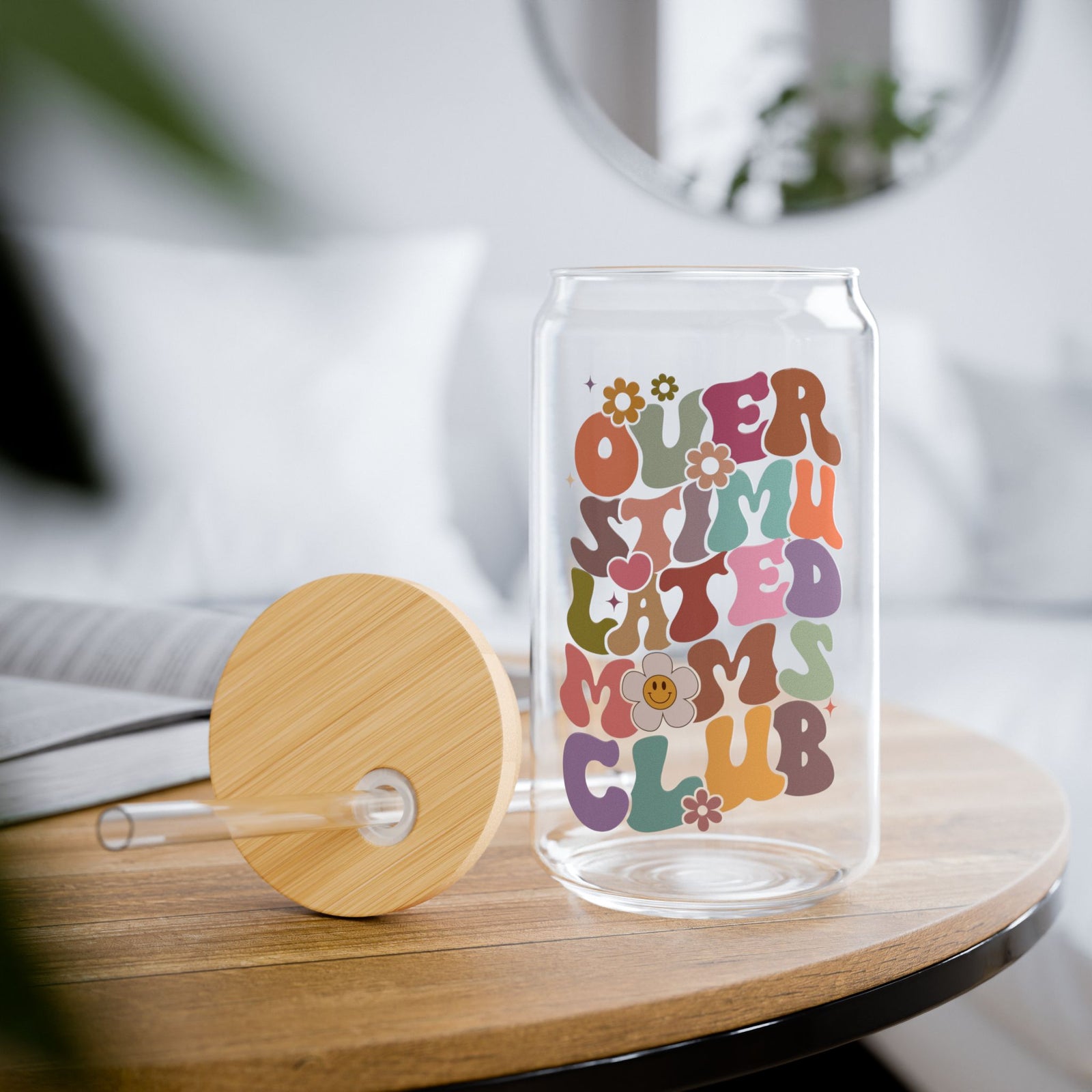 Overstimulated Moms Club Retro Sipper Glass 16oz Reusable Drink Jar with Lid & Straw
