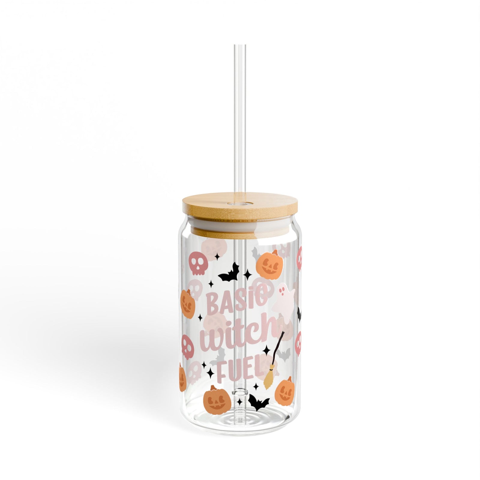 Basic Witch Fuel Halloween Sipper Glass 16oz Reusable Drink Jar with Lid & Straw