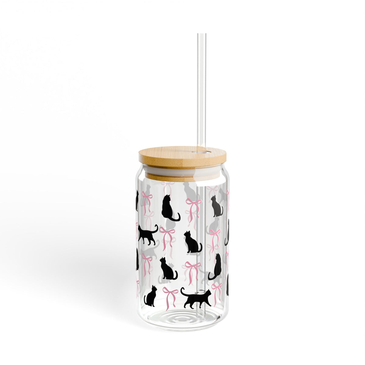 Kitty Coquette Bow Halloween Sipper Glass 16oz Reusable Drink Jar with Lid & Straw