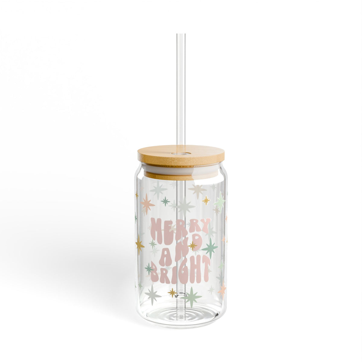Merry & Bright Christmas Sipper Glass 16oz Reusable Drink Jar with Lid & Straw