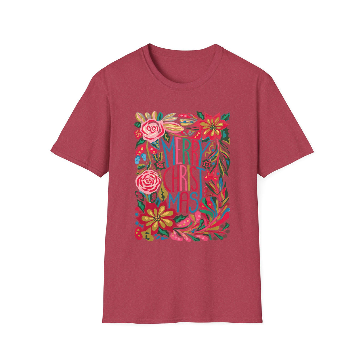 Merry Christmas Bright Holiday Florals Tee Graphic T-Shirt
