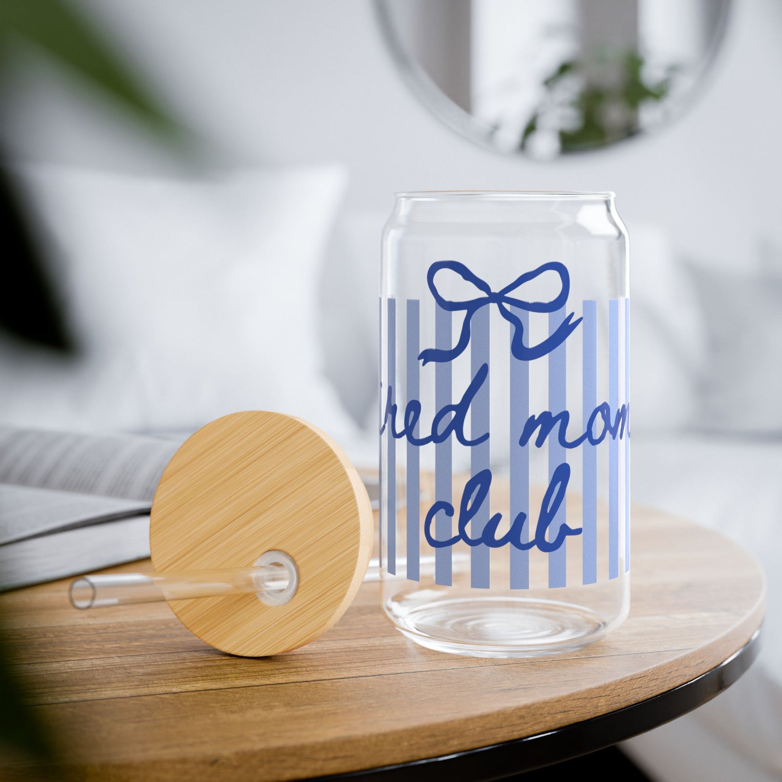 Tired Mom Club Blue Striped Sipper Glass 16oz Reusable Drink Jar with Lid & Straw