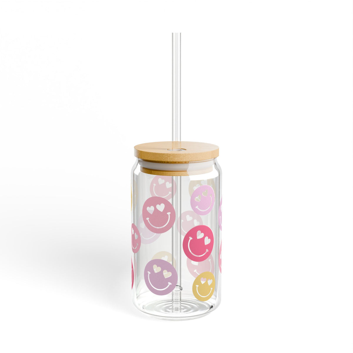 Heart Eyes Smiley Face Tumbler Sipper Glass 16oz — Reusable Drink Jar with Lid & Straw