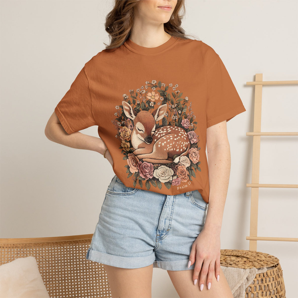 Sleeping Fawn Floral T-Shirt Psalm 23 Inspirational Christian Tee