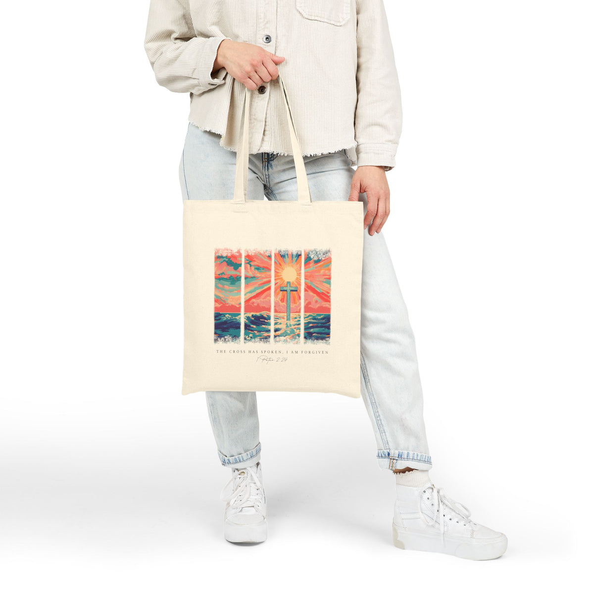 The Cross Has Spoken I am Forgiven Christian Cotton Canvas Tote Bag