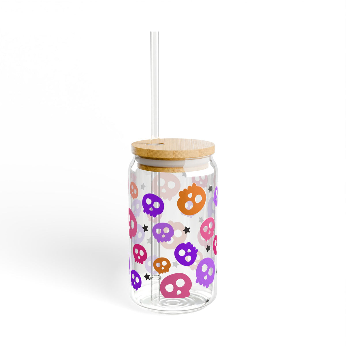 Spooky Bright Skulls Halloween Sipper Glass 16oz Reusable Drink Jar with Lid & Straw