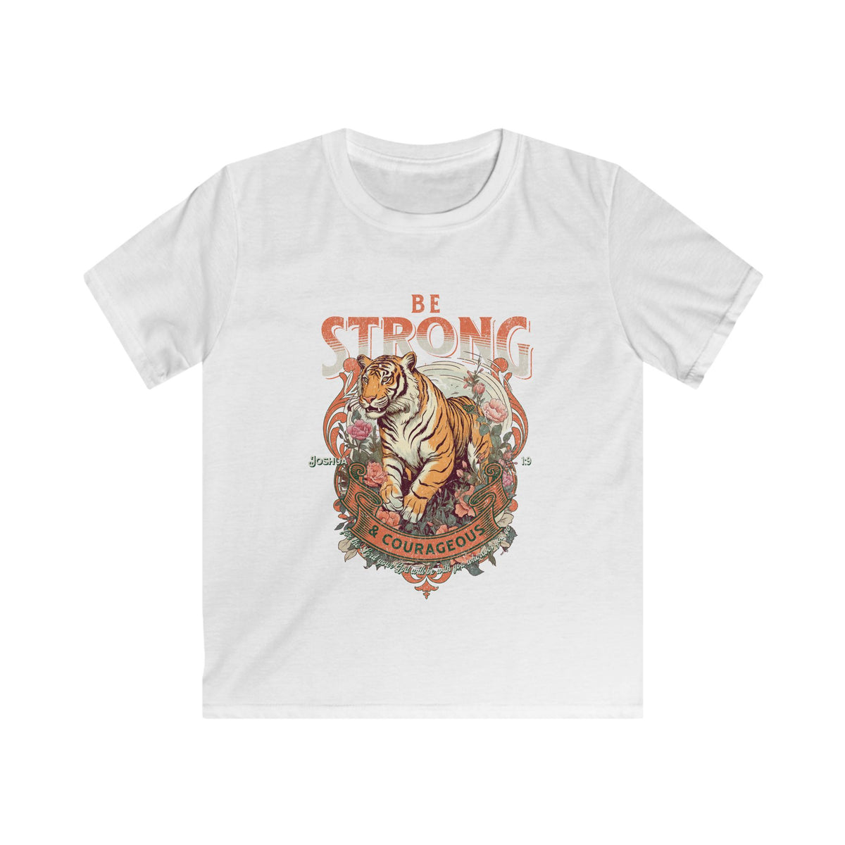 Be Strong & Courageous Tiger Kids T-Shirt Christian Youth Graphic Tee