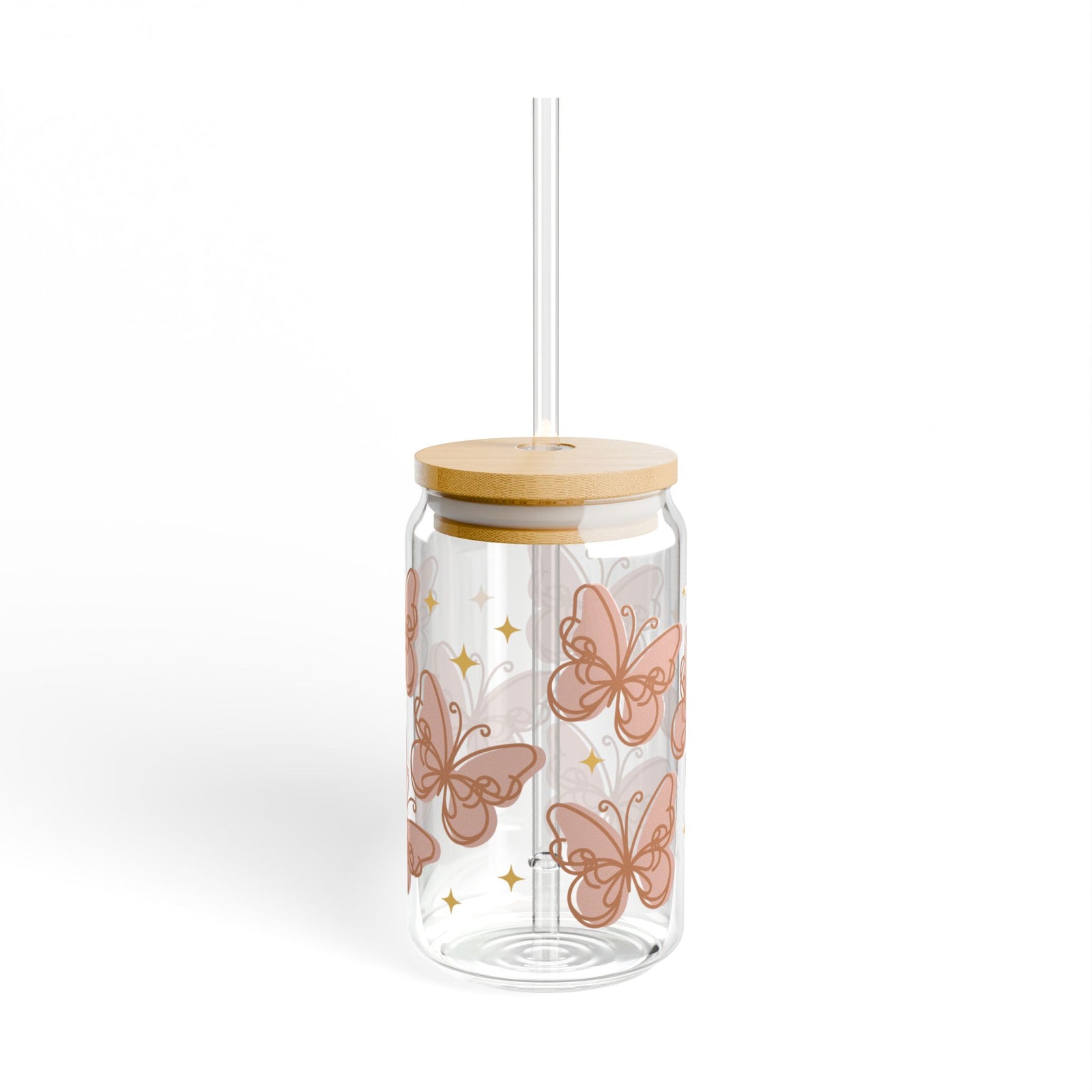 Peachy Butterfly Tumbler Sipper Glass 16oz — Reusable Drink Jar with Lid & Straw
