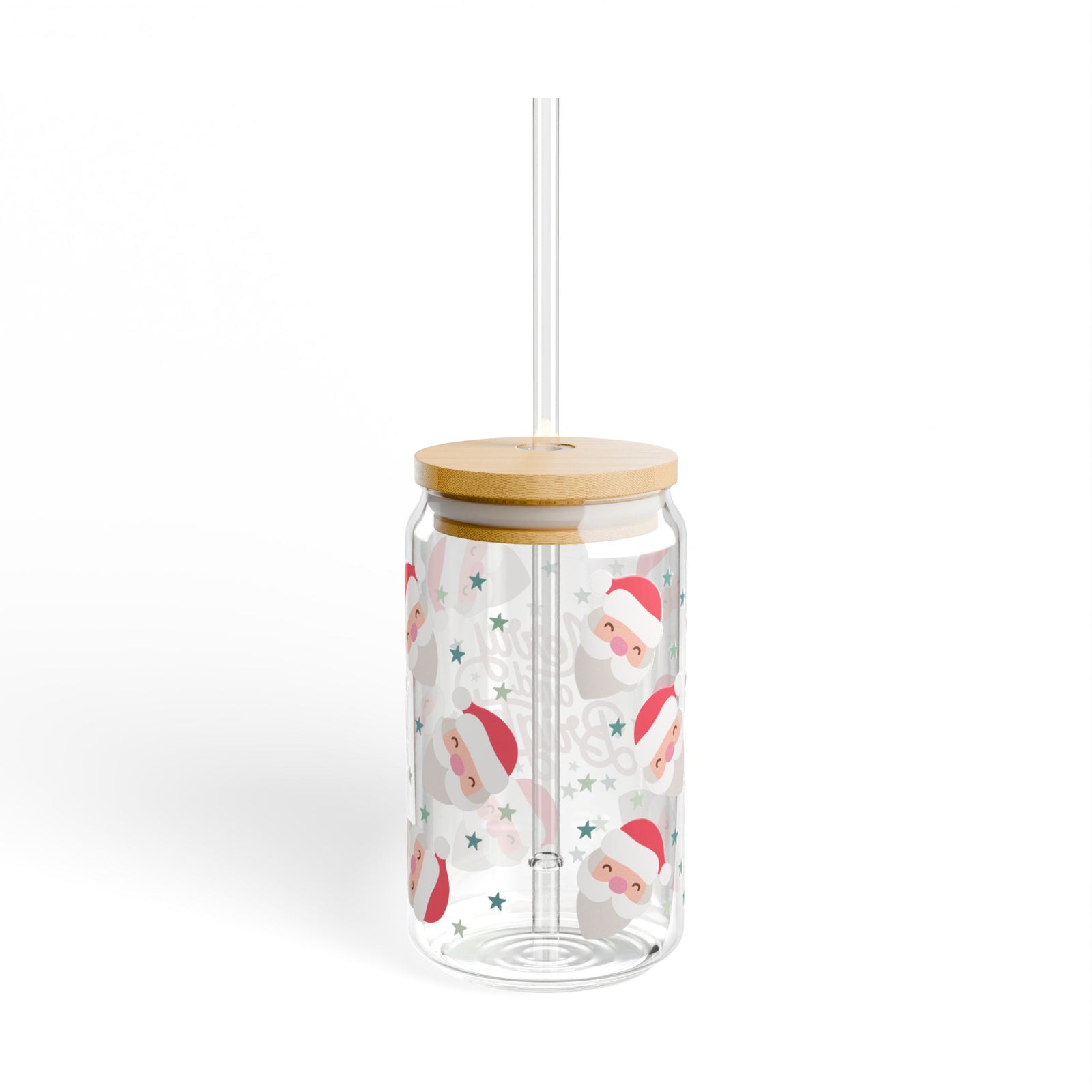 Merry & Bright Starry Santa Christmas Sipper Glass 16oz Reusable Drink Jar with Lid & Straw