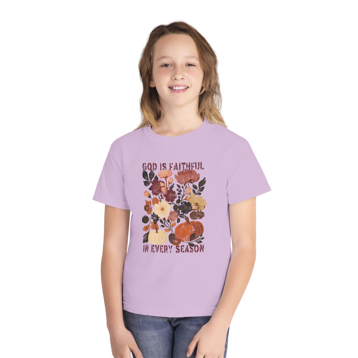 God is Faithful Floral Pumpkin T-Shirt Christian Distressed Fall Kids Graphic Tee