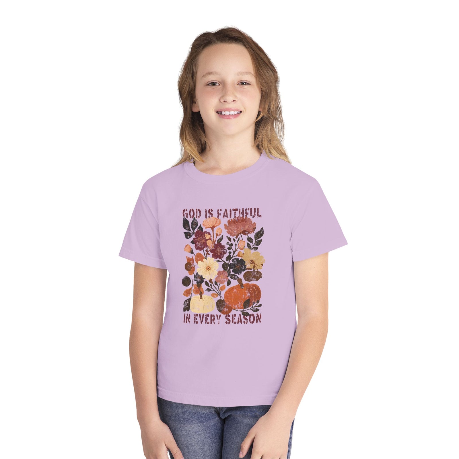 God is Faithful Floral Pumpkin T-Shirt Christian Distressed Fall Kids Graphic Tee