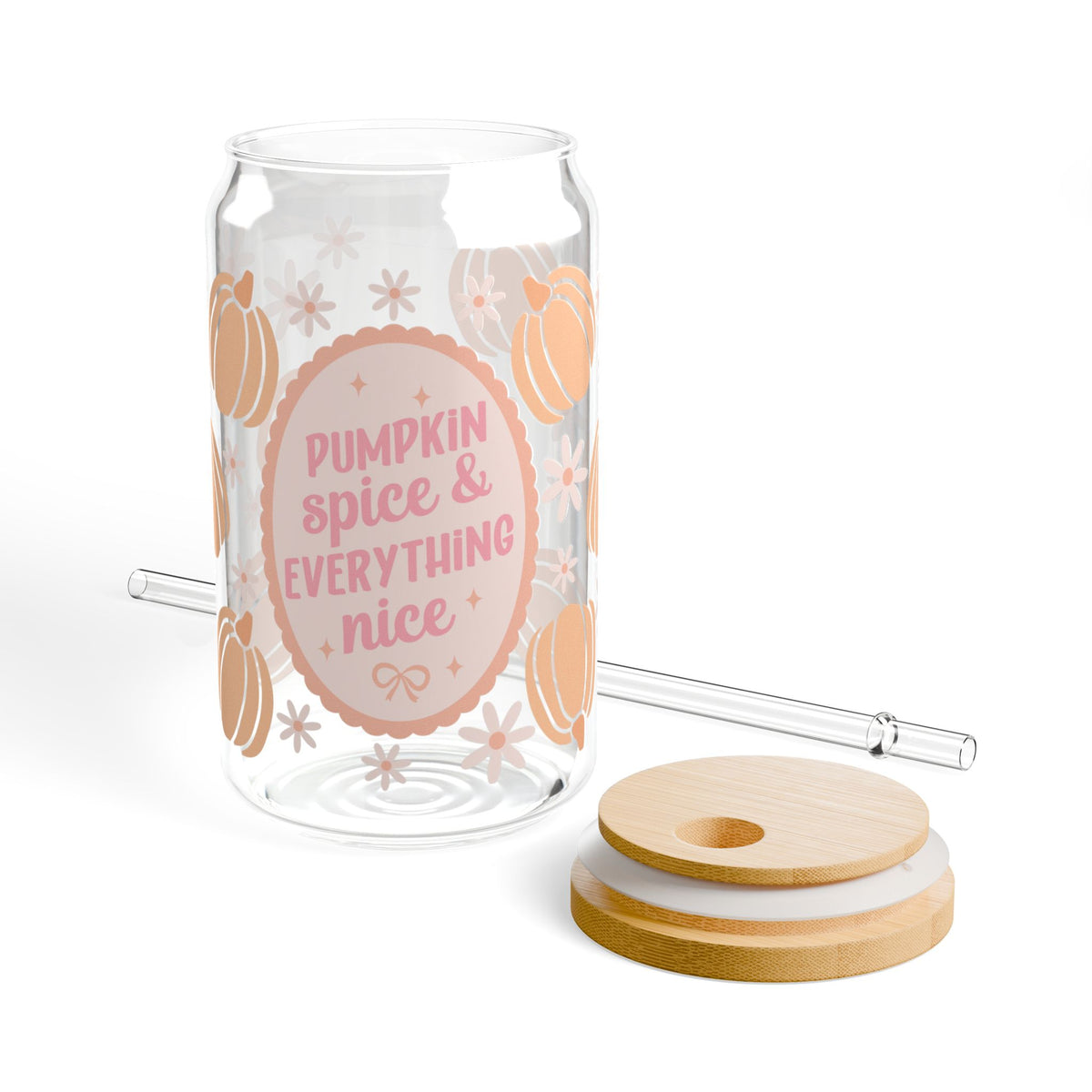 Pumpkin Spice & Everything Nice Fall Sipper Glass 16oz Reusable Drink Jar with Lid & Straw