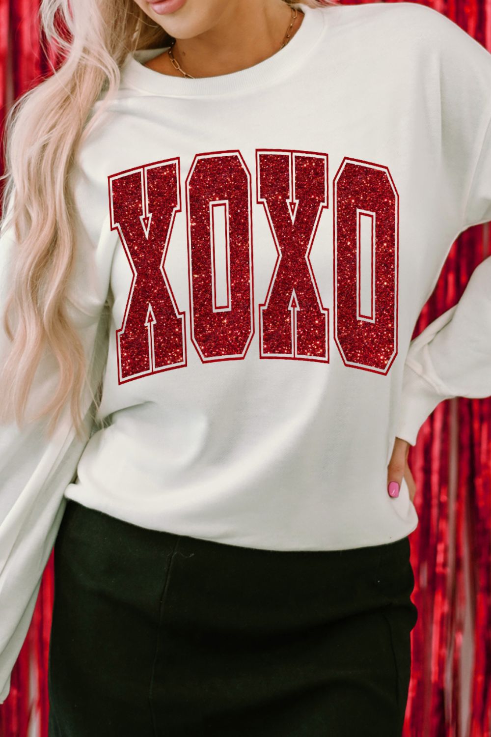 Valentine’s Day XOXO Glitter Round Neck Sweatshirt - Sydney So Sweet