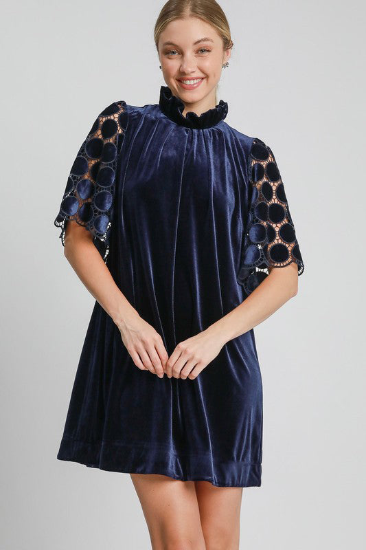 Umgee Dotted Lace Half Sleeve Mock Neck Back Tie Velvet Dress - Sydney So Sweet