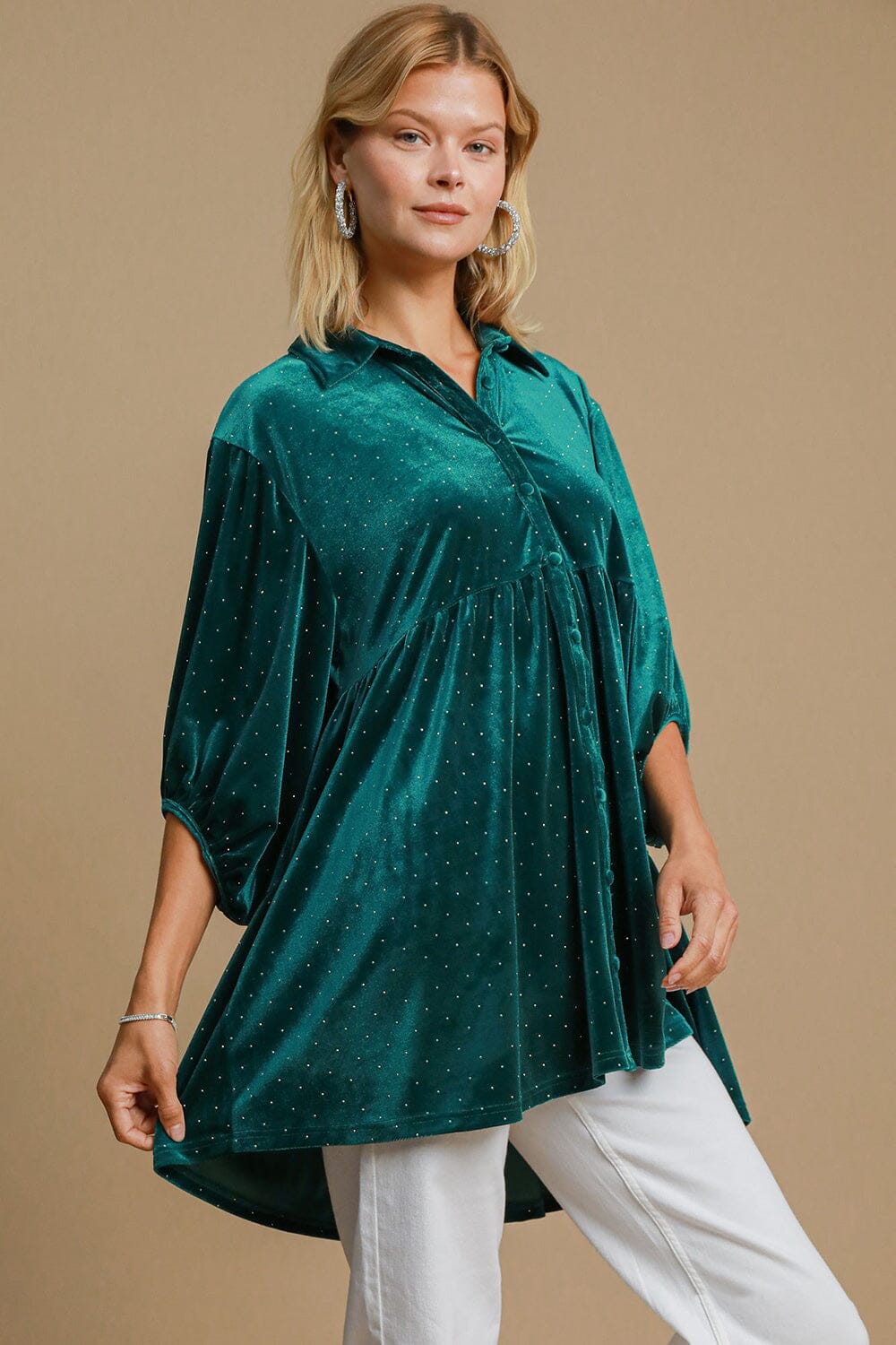 Umgee Full Size Polka Dot Collared Neck Button Up Shirt - Sydney So Sweet