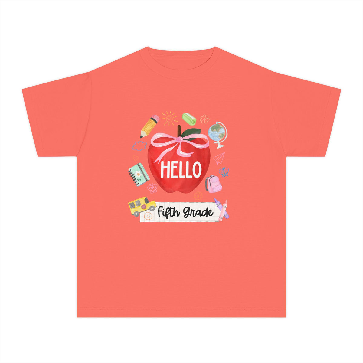 Hello Fifth Grade Preppy Coquette Apple Graphic Tee Back to School 5th Grade T-Shirt