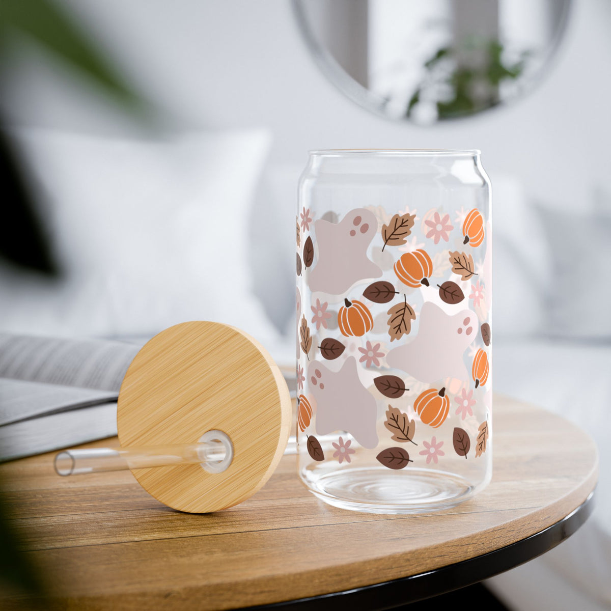 Fall Ghostie Pumpkin Floral Sipper Glass 16oz Reusable Drink Jar with Lid & Straw