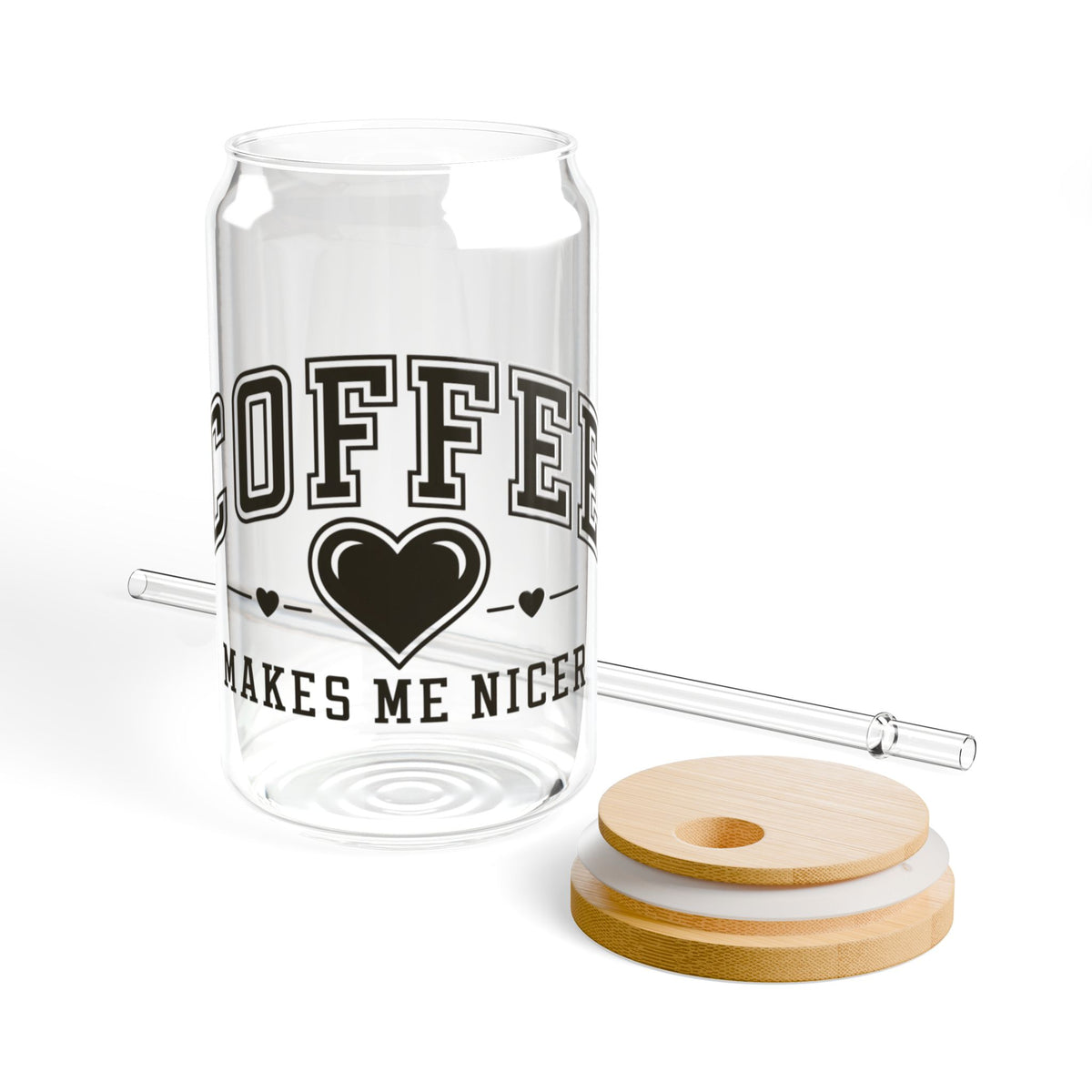 Coffee Makes Me Nicer Heart Sipper Glass 16oz Reusable Drink Jar with Lid & Straw