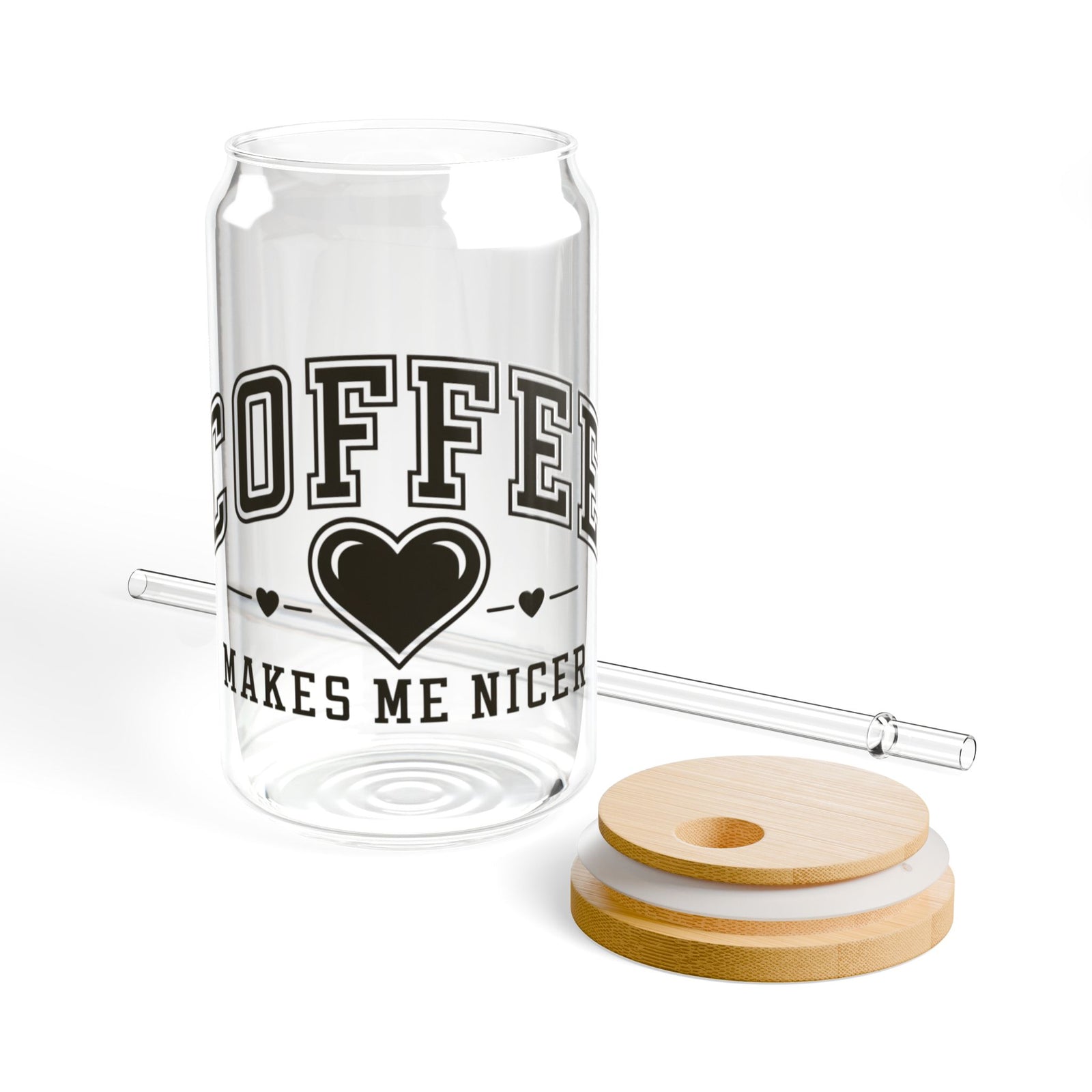 Coffee Makes Me Nicer Heart Sipper Glass 16oz Reusable Drink Jar with Lid & Straw