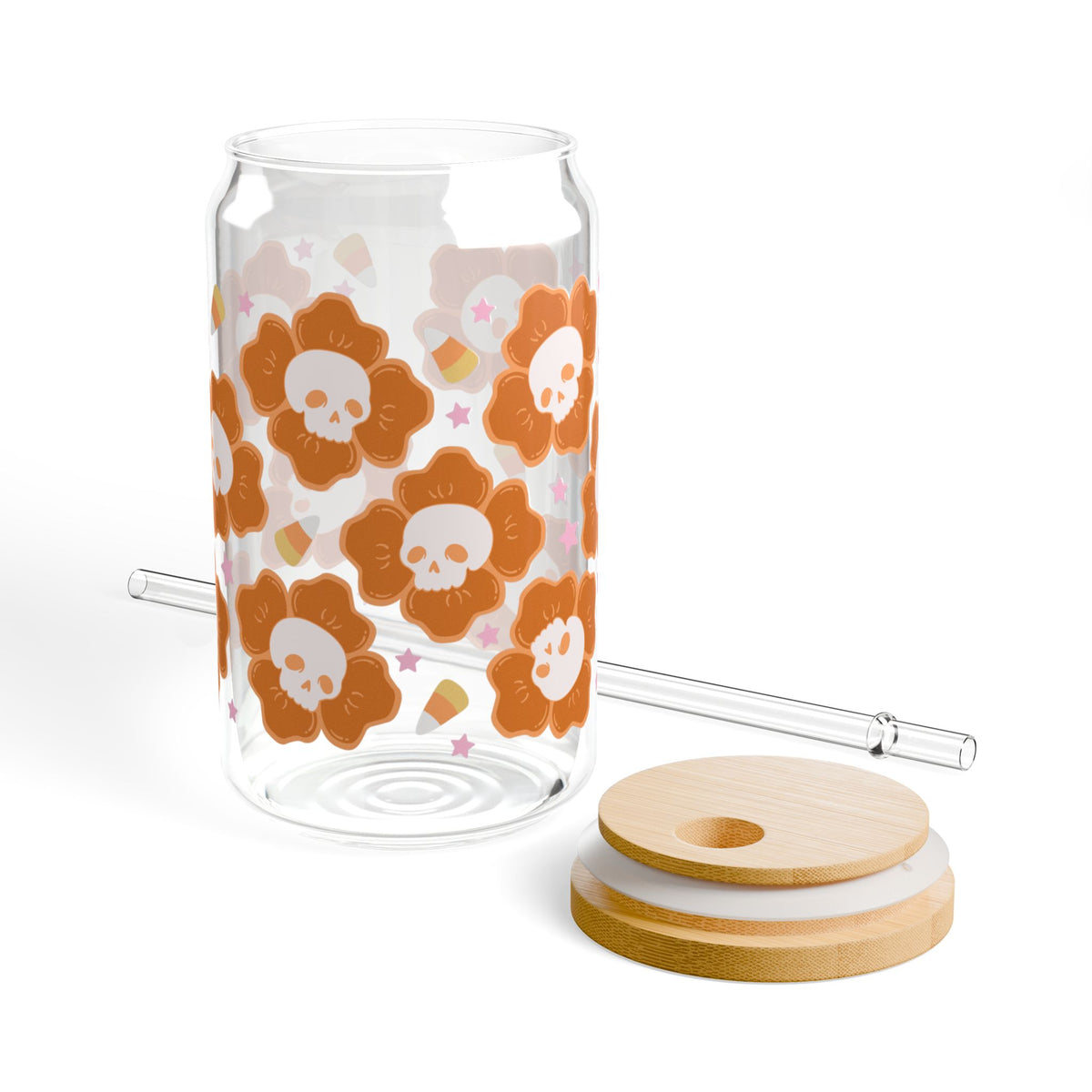 Spooky Skull Floral Halloween Sipper Glass 16oz Reusable Drink Jar with Lid & Straw