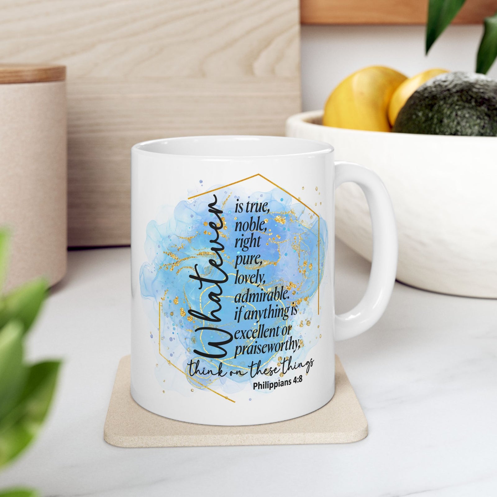 Think on These Things Philippians 4:8 Christian Mug — Blue Watercolor Coffee Cup (11oz, 15oz)