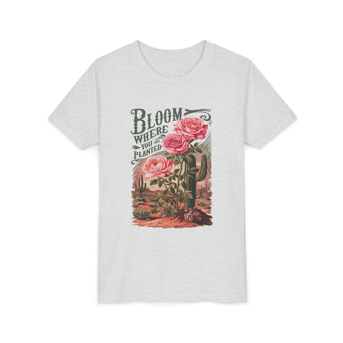 Bloom Where You are Planted Kids T-Shirt Western Rose Cactus Graphic Tee