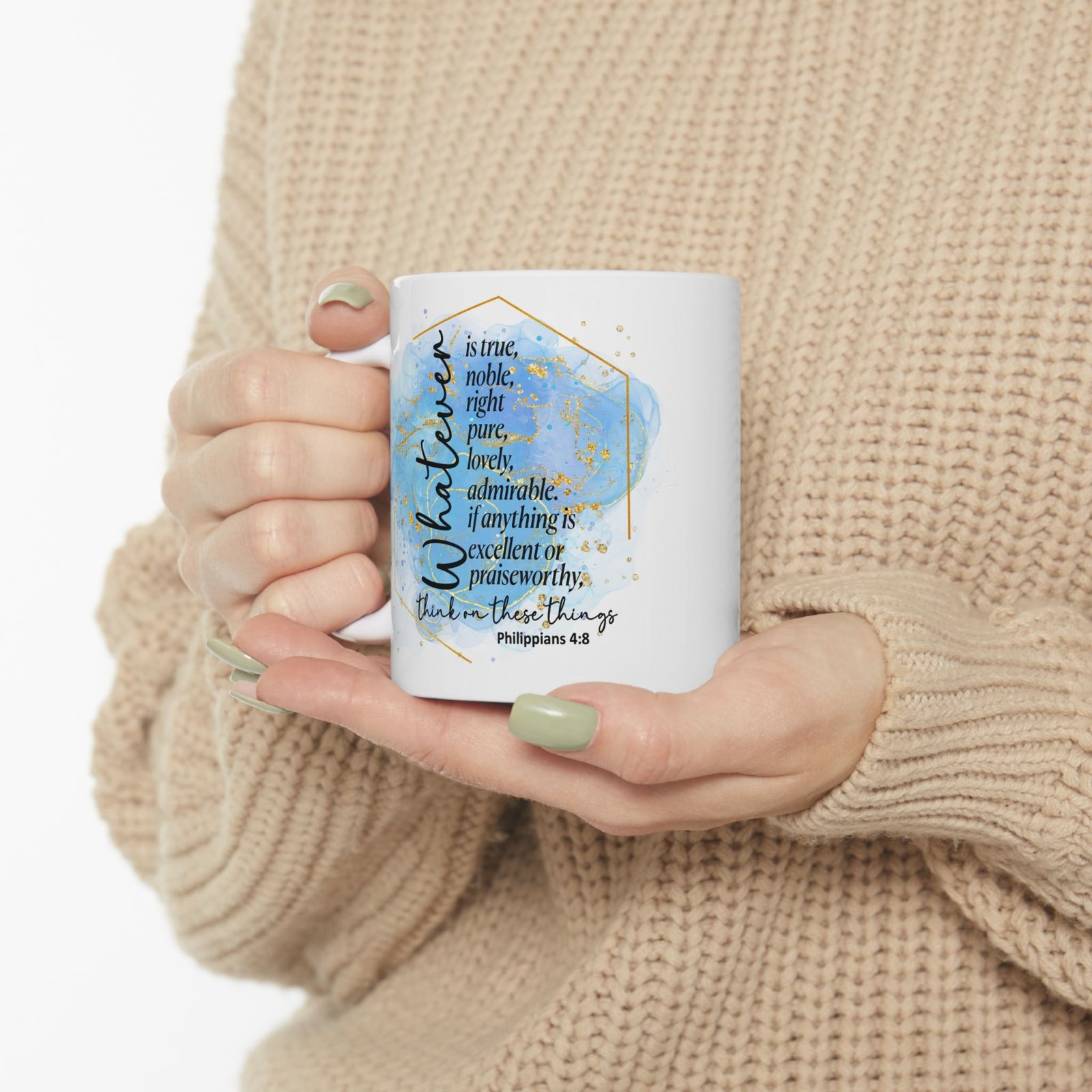 Think on These Things Philippians 4:8 Christian Mug — Blue Watercolor Coffee Cup (11oz, 15oz)