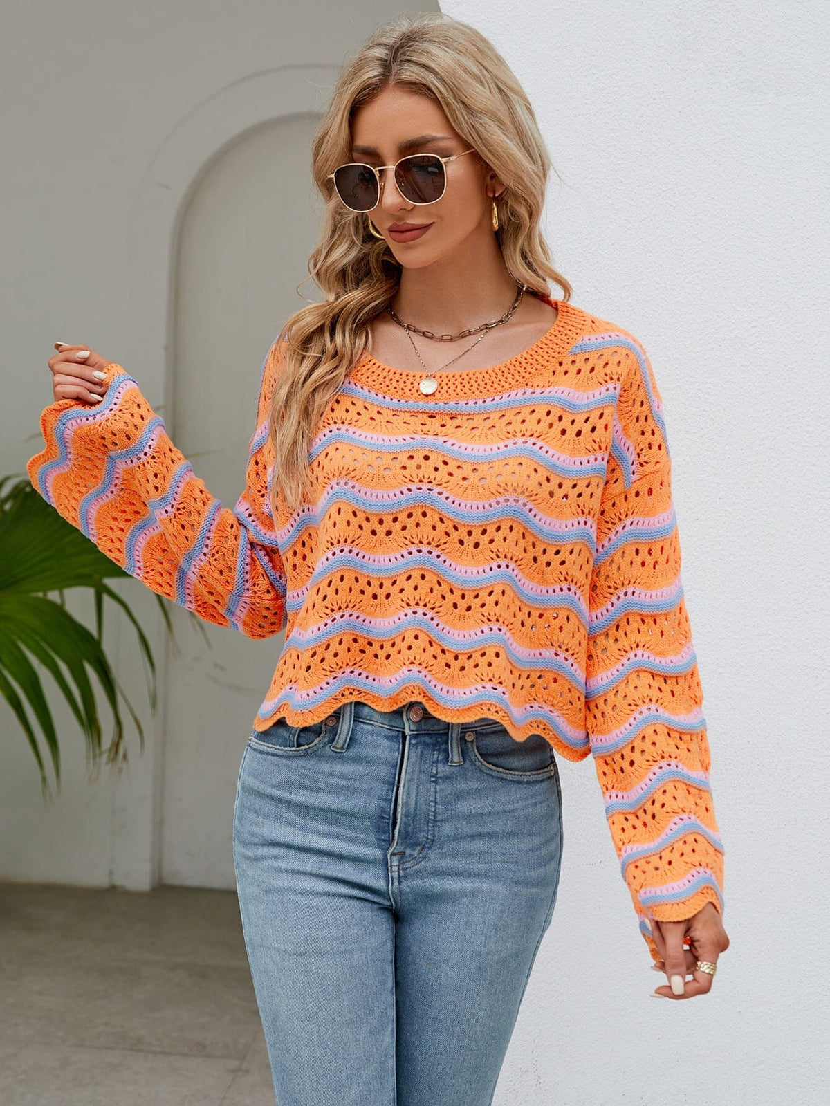 Round Neck Openwork Flare Sleeve Knit Top - Sydney So Sweet