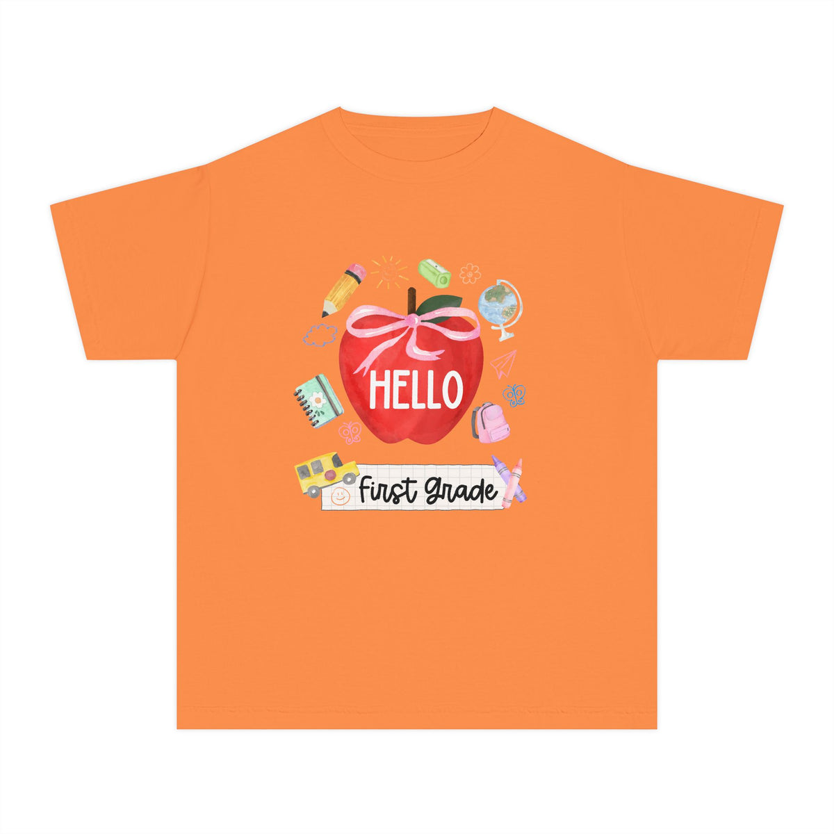 Hello First Grade Preppy Coquette Apple Graphic Tee Back to School 1st Grade T-Shirt