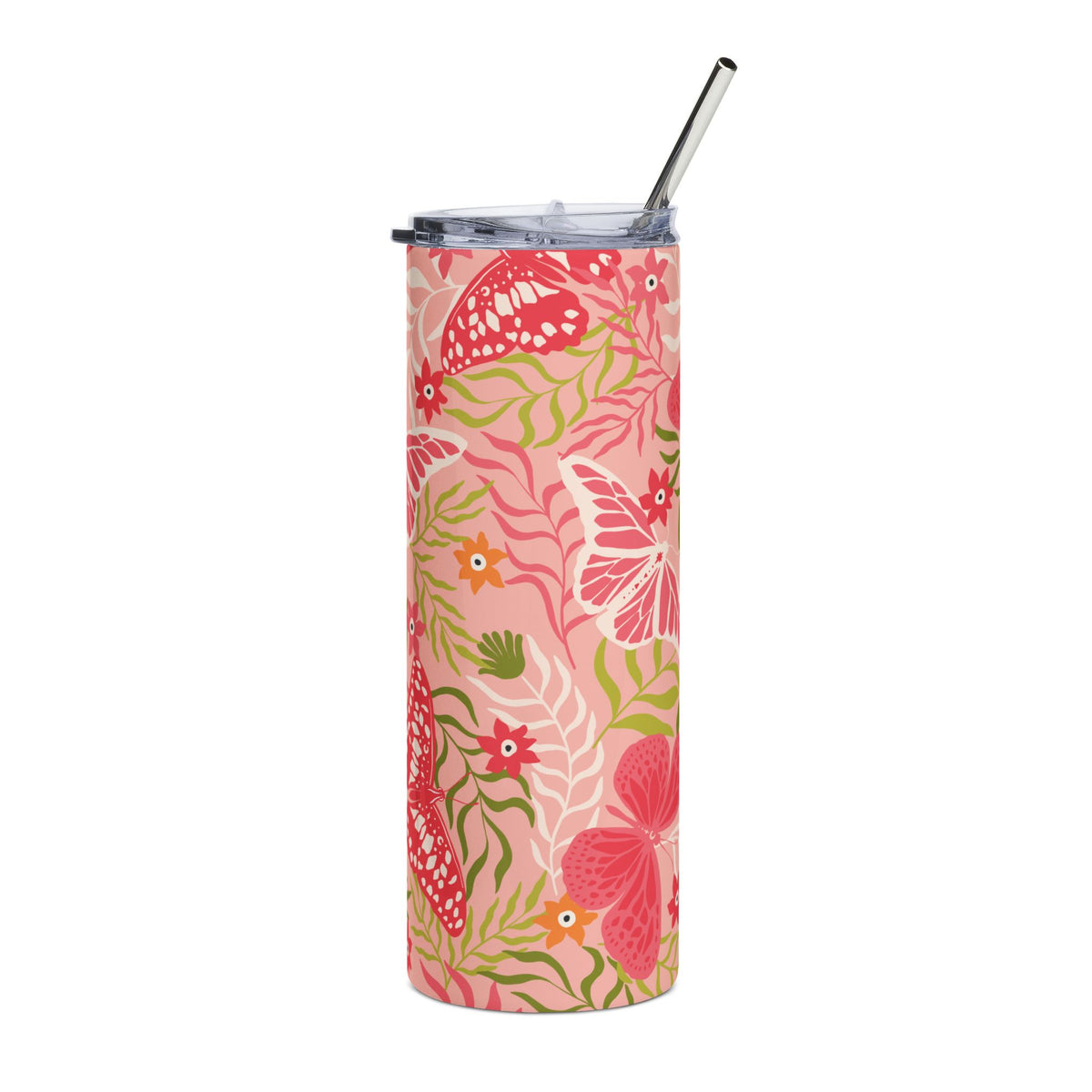 Pink Garden Butterfly 20oz  Stainless Steel Tumbler Travel Cup