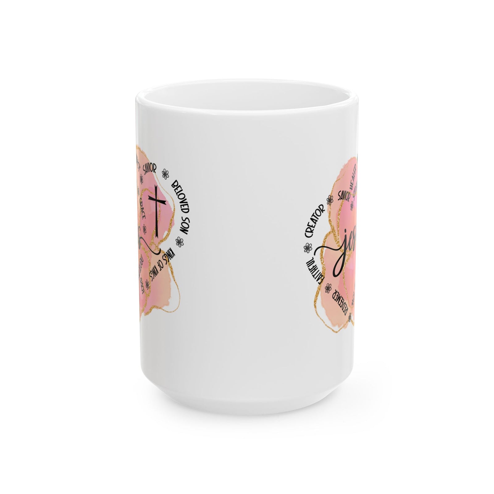 Jesus Strength & Grace Ceramic Mug — Pink Watercolor Cross Inspirational Coffee Cup (11oz/15oz) - Sydney So Sweet