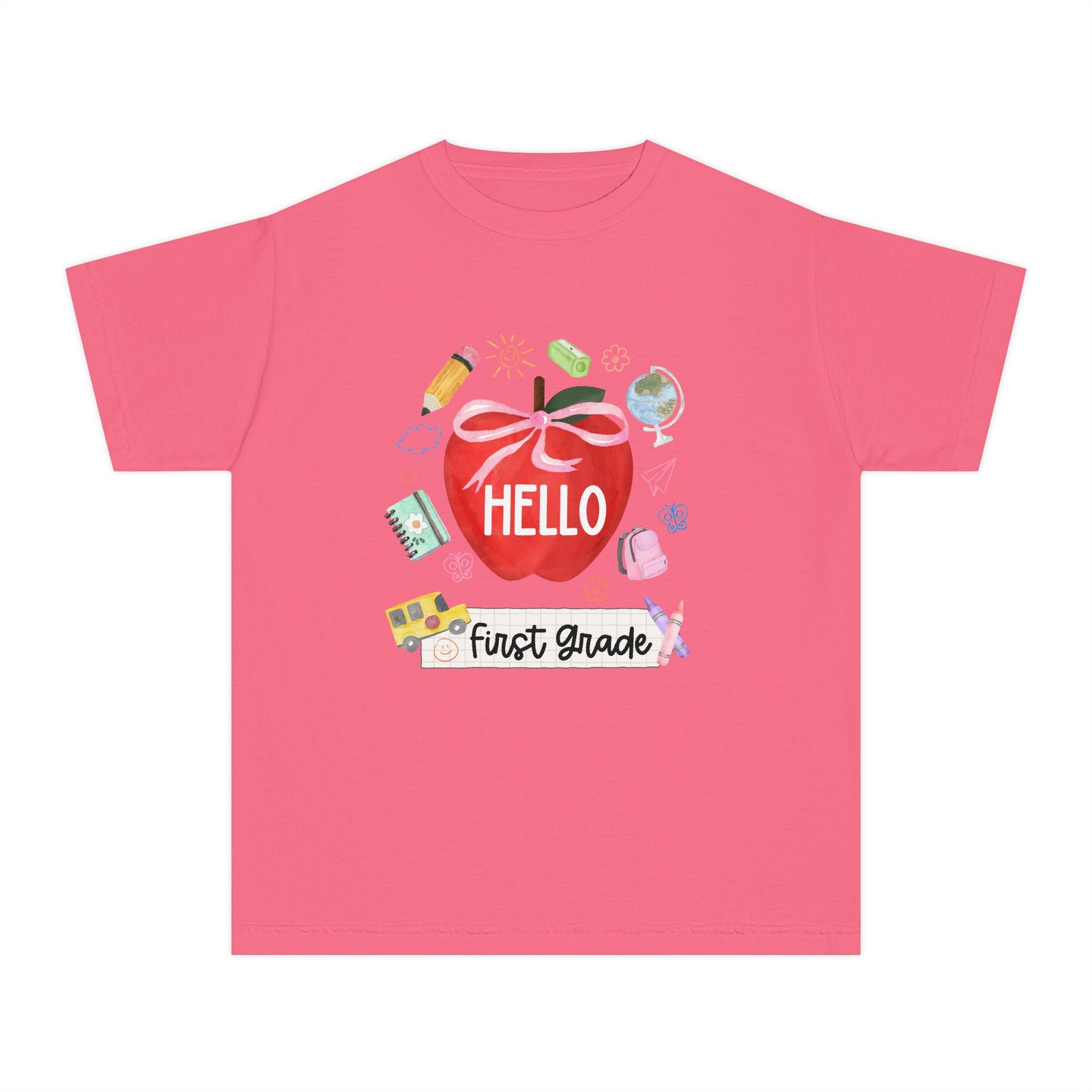 Hello First Grade Preppy Coquette Apple Graphic Tee Back to School 1st Grade T-Shirt