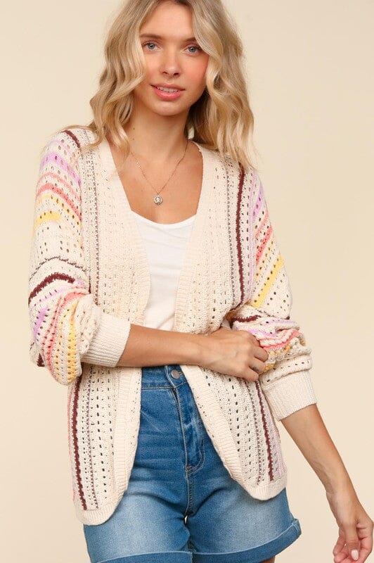 Haptics Full Size Striped Crochet Open Front Cardigan - Sydney So Sweet