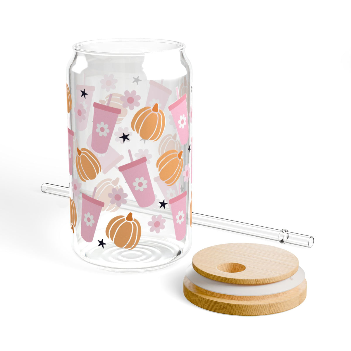 Pumpkin Spice Girlie Halloween Sipper Glass 16oz Reusable Drink Jar with Lid & Straw