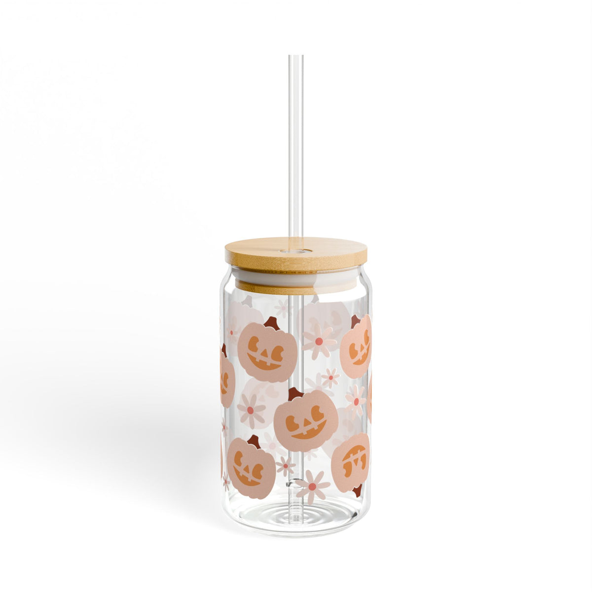 Pumpkin Patch Smiles Halloween Sipper Glass 16oz Reusable Drink Jar with Lid & Straw