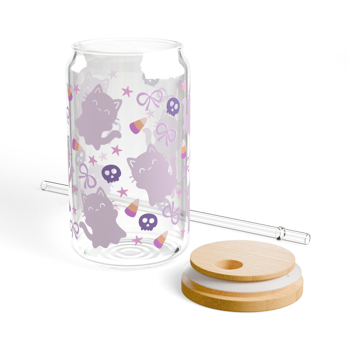 Ghost Kitty & Candy Halloween Sipper Glass 16oz Reusable Drink Jar with Lid & Straw