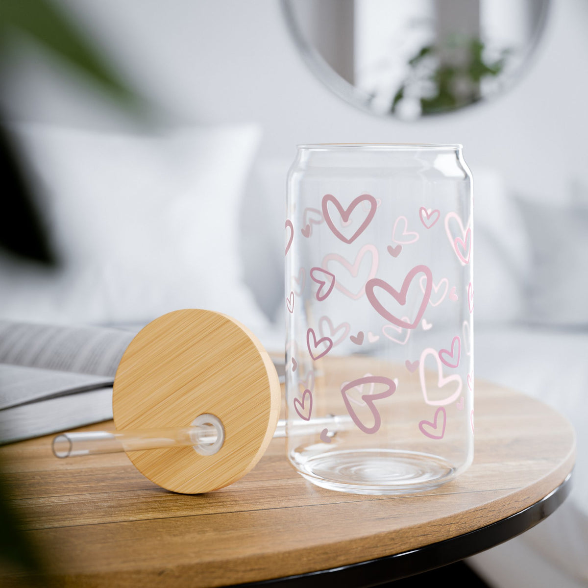 Heart Confetti Tumbler Sipper Glass 16oz — Reusable Drink Jar with Lid & Straw
