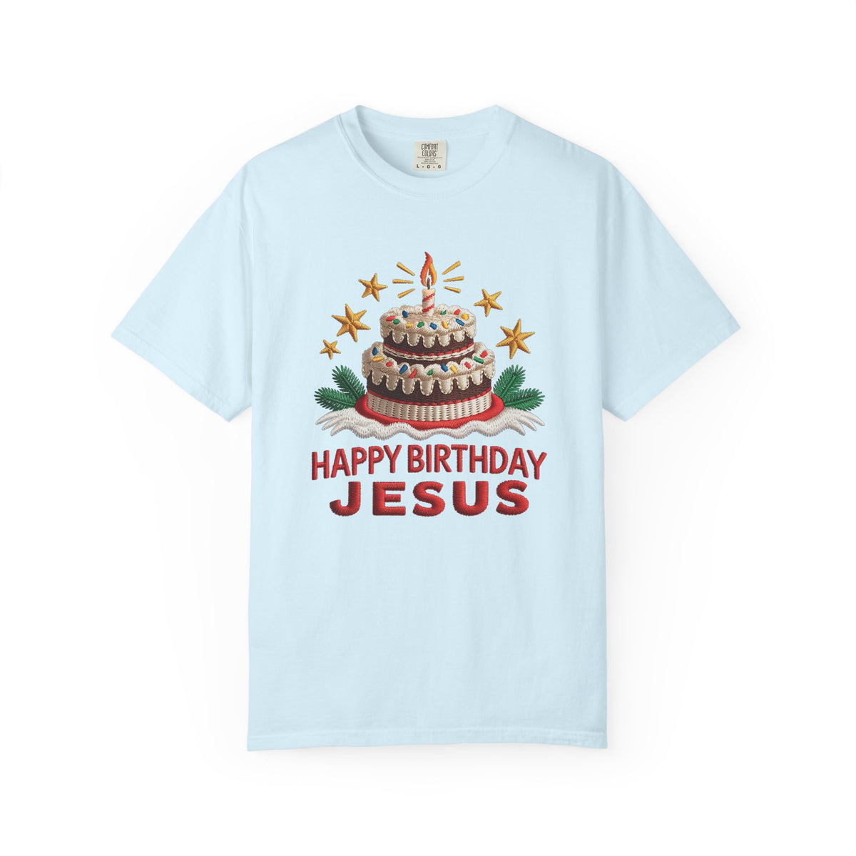 Happy Birthday Jesus Birthday Cake Faux Embroidery Tee Christmas Graphic T-Shirt