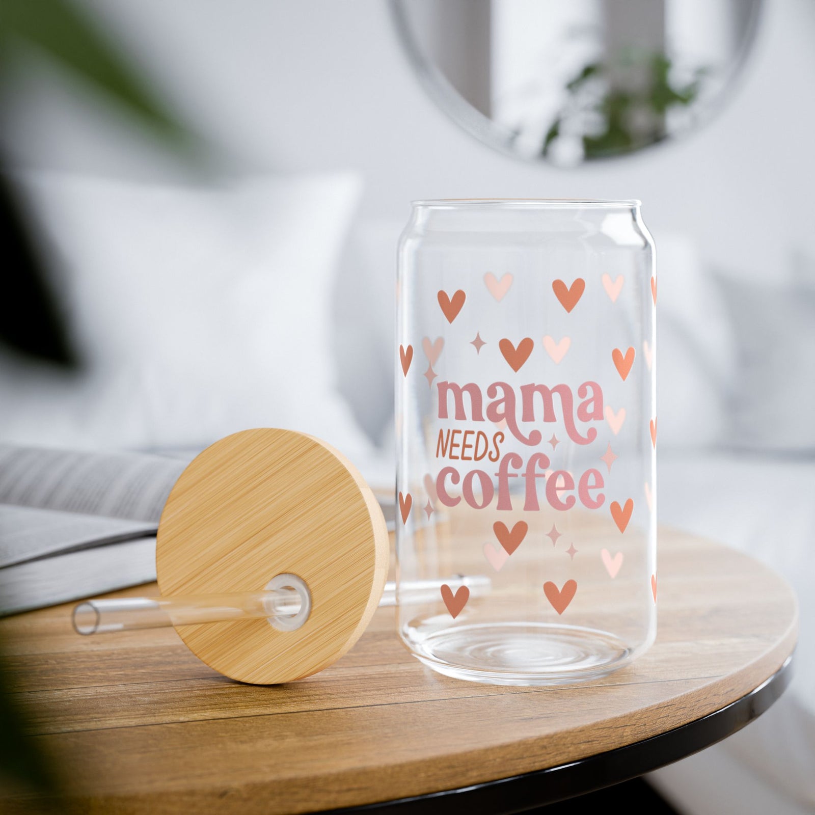 Mama Needs Coffee Hearts Tumbler Sipper Glass 16oz — Reusable Drink Jar with Lid & Straw