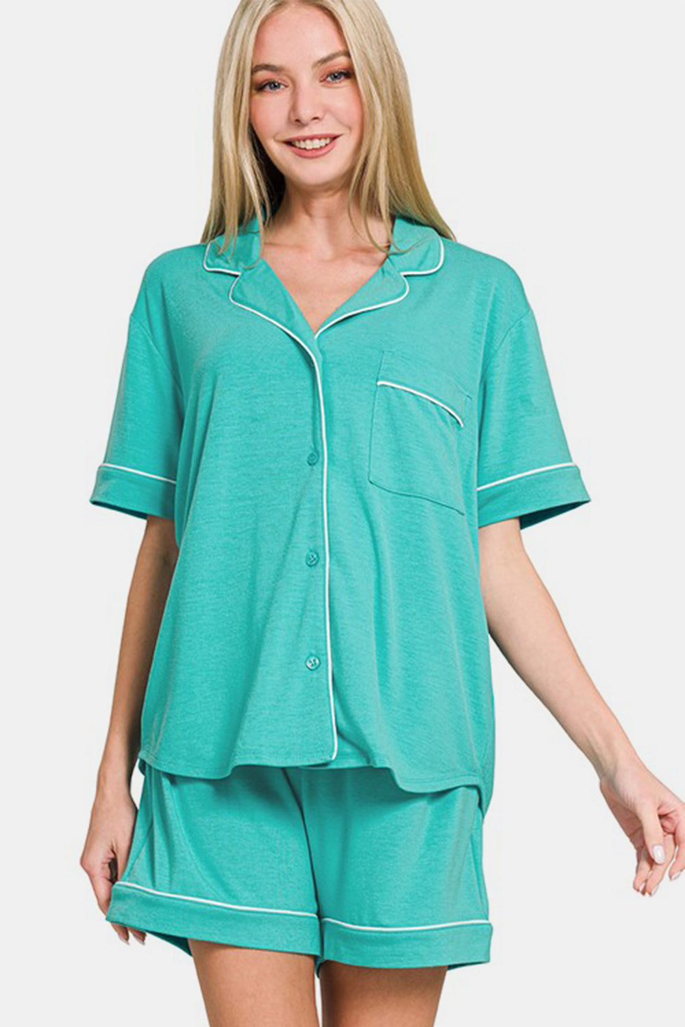 Zenana Button Down Short Sleeve Top and Shorts Lounge Set - Sydney So Sweet