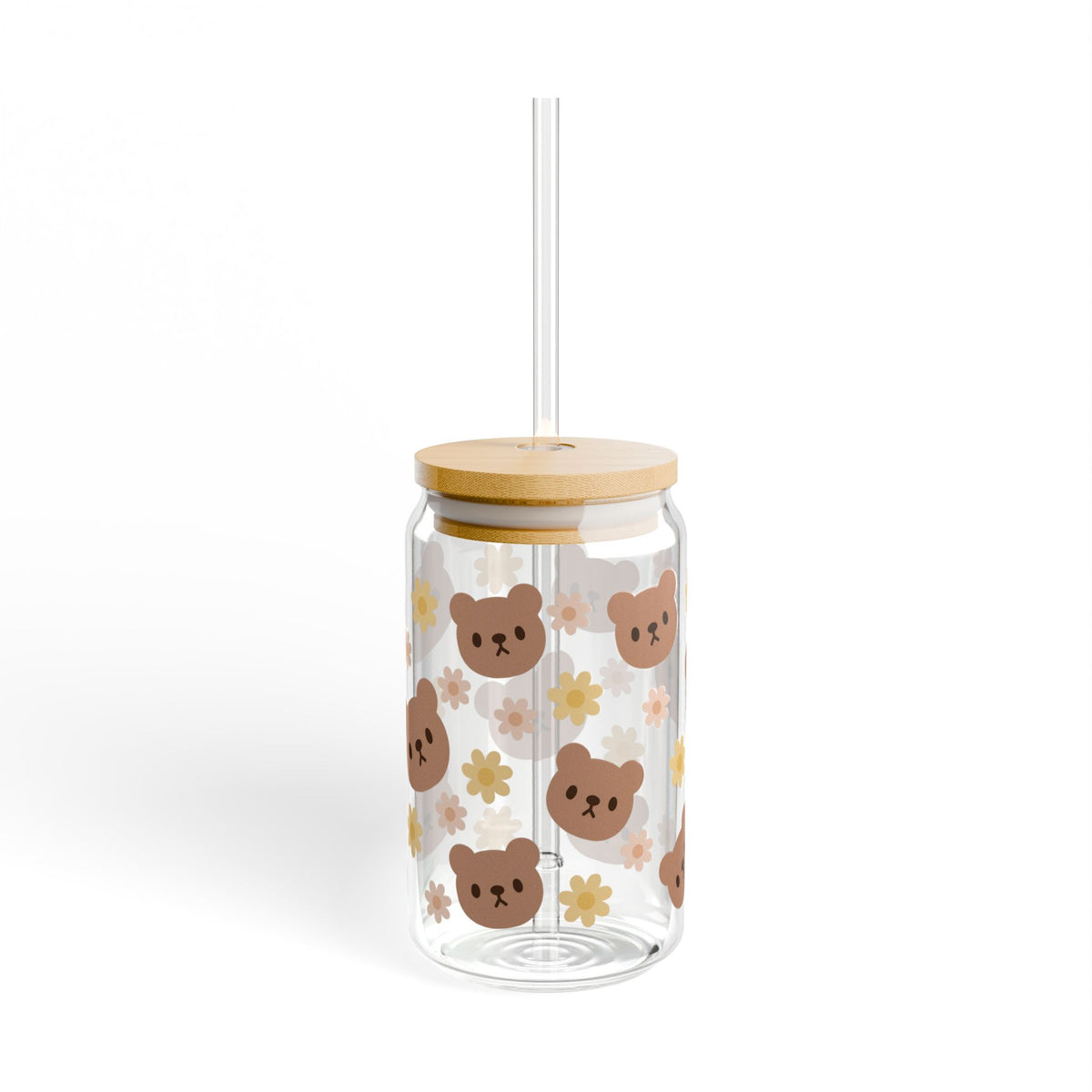 Teddy Bear Daisy Tumbler Sipper Glass 16oz — Reusable Drink Jar with Lid & Straw - Sydney So Sweet