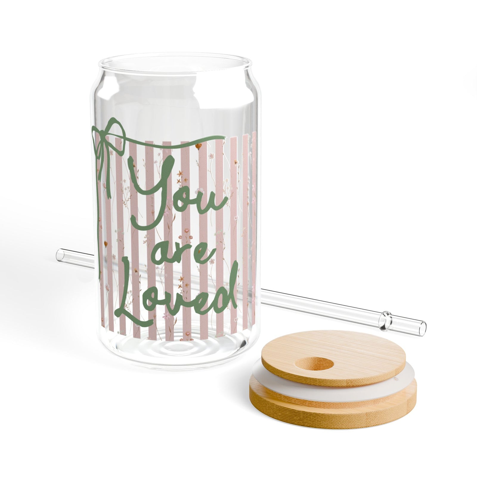 You Are Loved Pink Stripe Sipper Glass 16oz Reusable Drink Jar with Lid & Straw