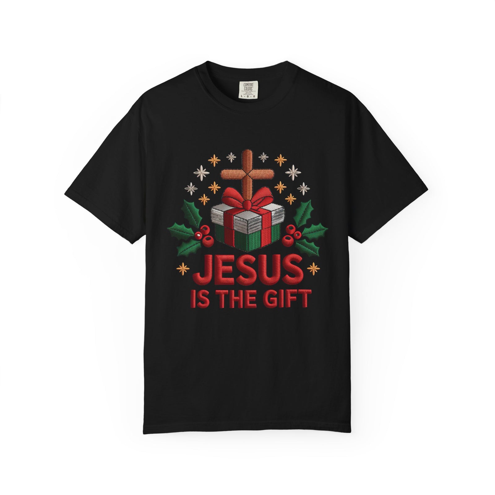 Jesus is the Gift Faux Embroidery Tee Christmas Holiday Graphic T-Shirt